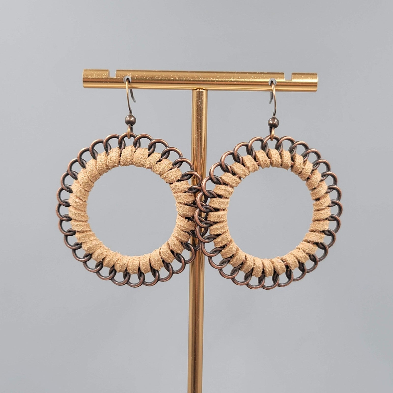 Pierced Earrings Bronze tone Dangle Faux Suede Leather Wrapped 1 5/8"