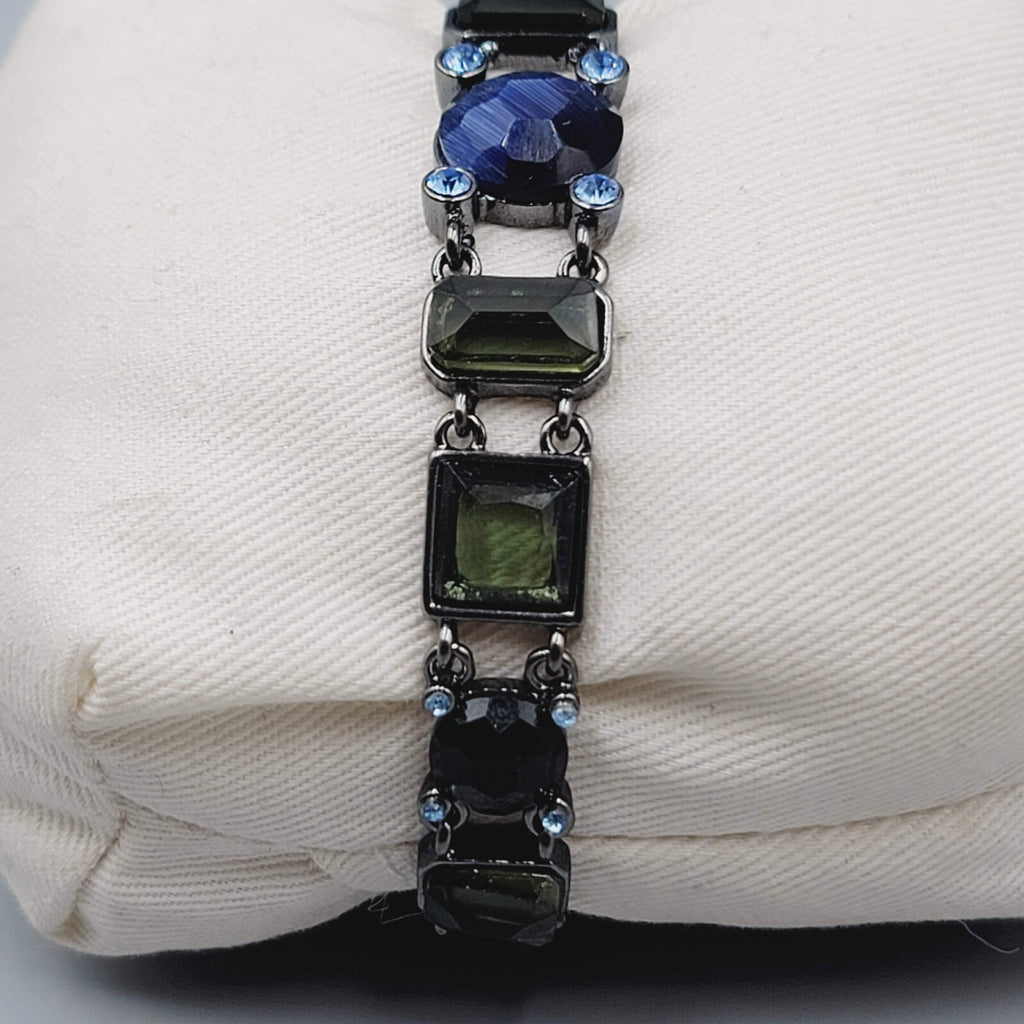Black Metal Bracelet Dark Green Blue Rhinestones 7.25"