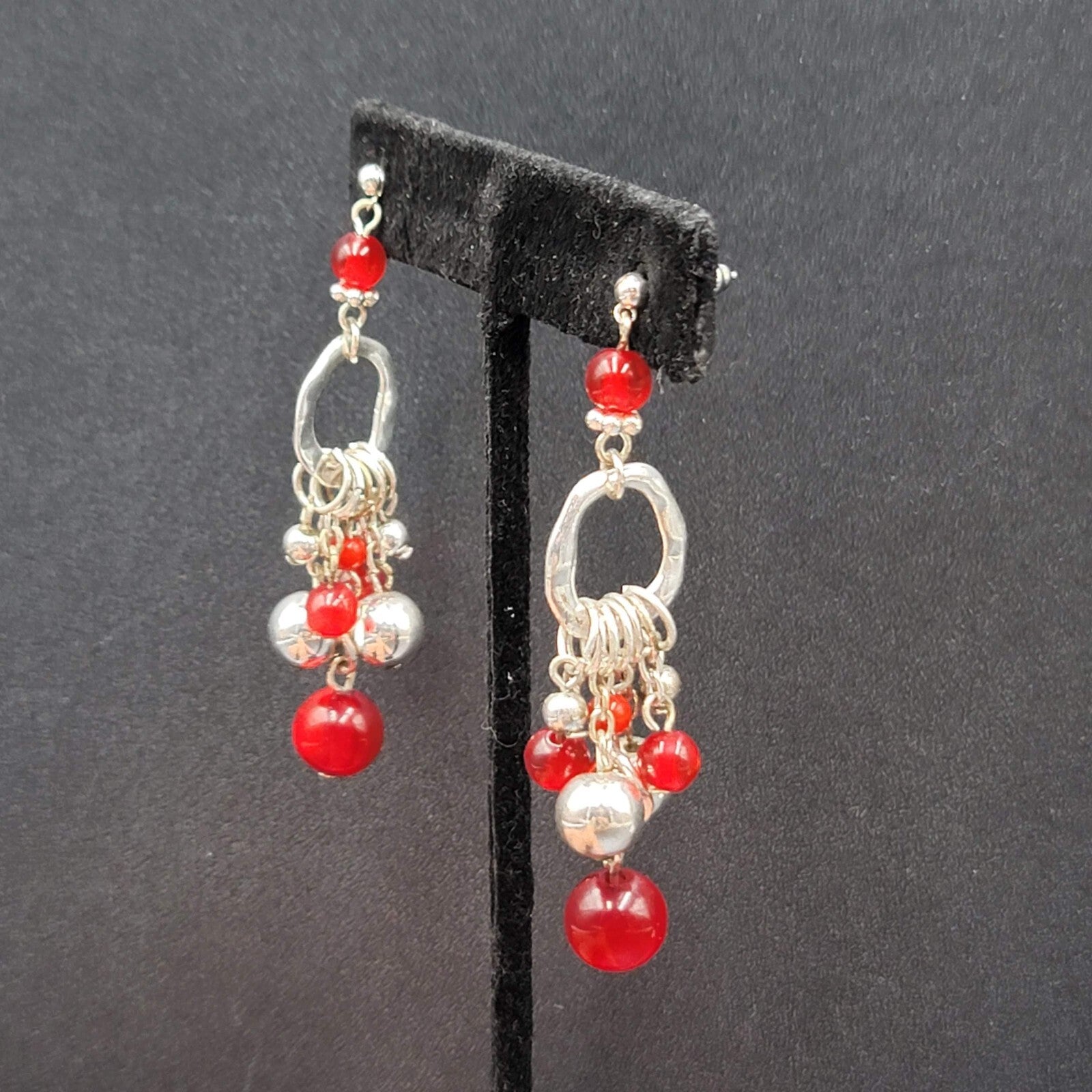 Pierced Earrings Silver tone Moonglow Red Beads Dangle 2.5"
