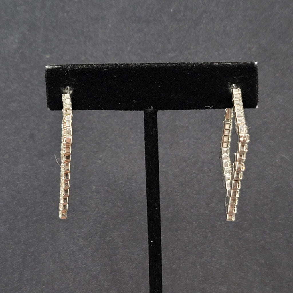 Pierced Earrings Rhinestone Square Hoops Silver tone 1.25"