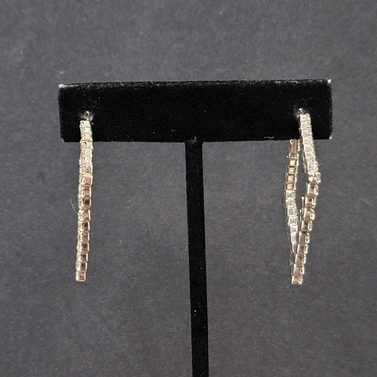 Pierced Earrings Rhinestone Square Hoops Silver tone 1.25"