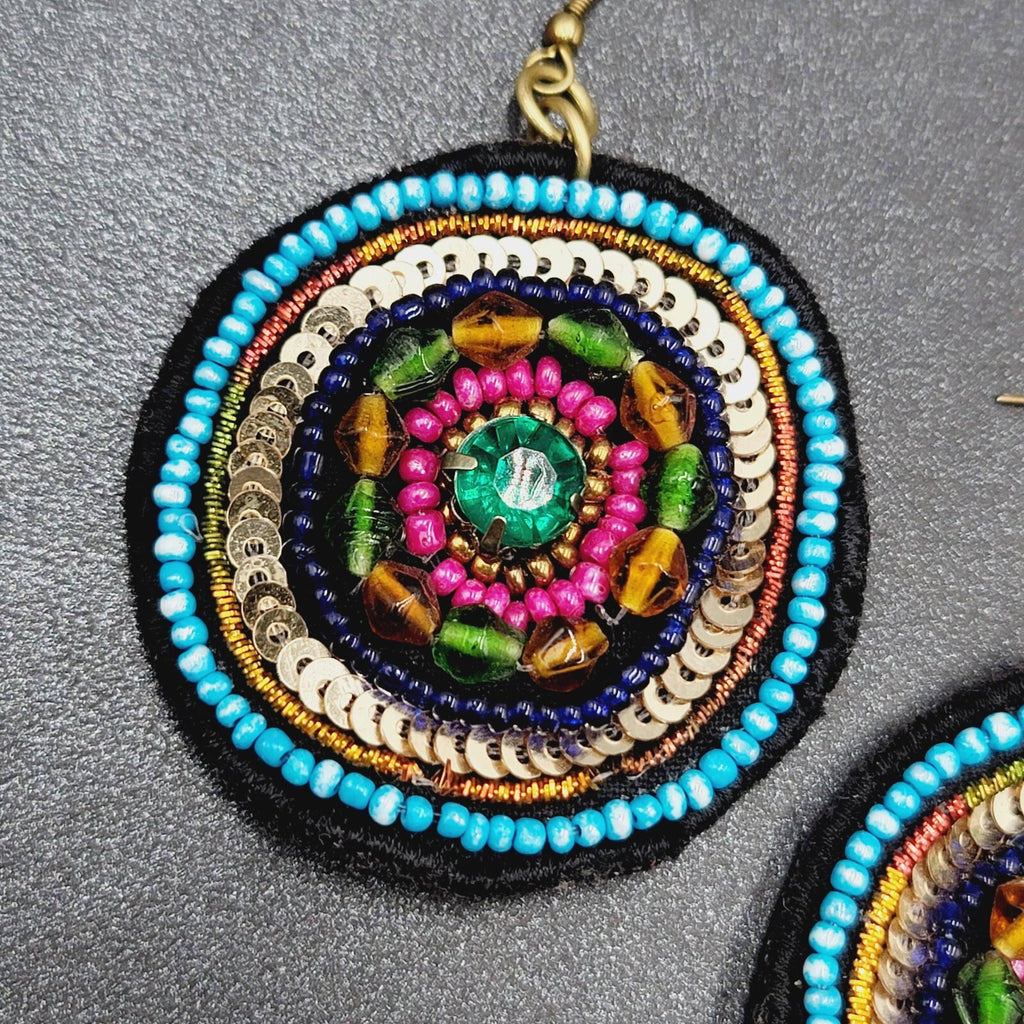 Boho Pierced Earrings Beaded Felt Medallion Dangle 1.75"
