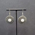 Pierced Earrings Silver tone Medallion Dangle White Center Accent  1"