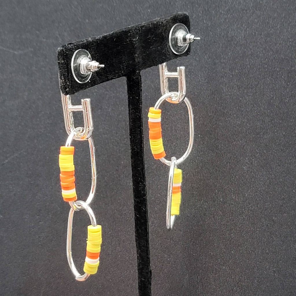 Pierced Earrings Silver tone Dangle Rings Yellow Orange Beads 2.75"