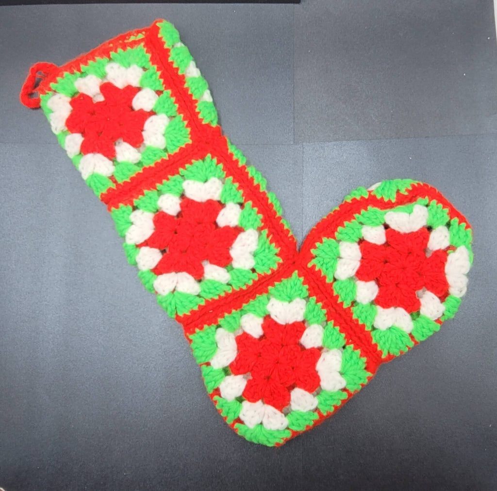 Handmade Crocheted Granny Square Red Green White Christmas Stocking 15"
