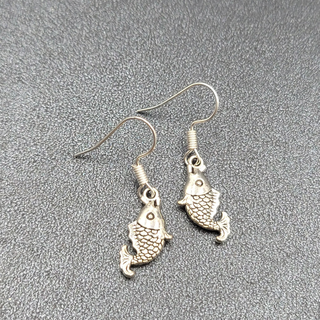 Pierced Earrings Small Detailed Embossed Dangle Fish 3/4"