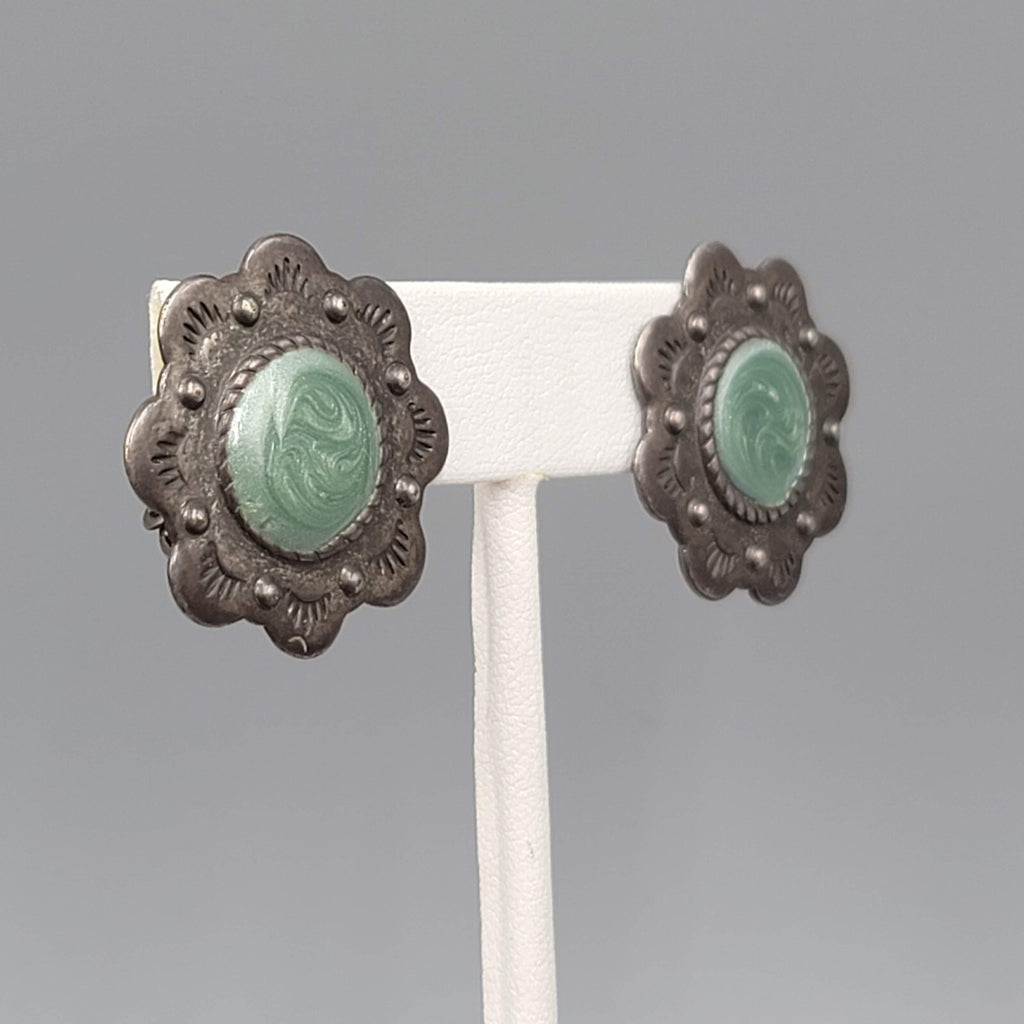 Vintage Flower Clip on Earrings Dark Gray Metal Green Enamel 1 1/8"