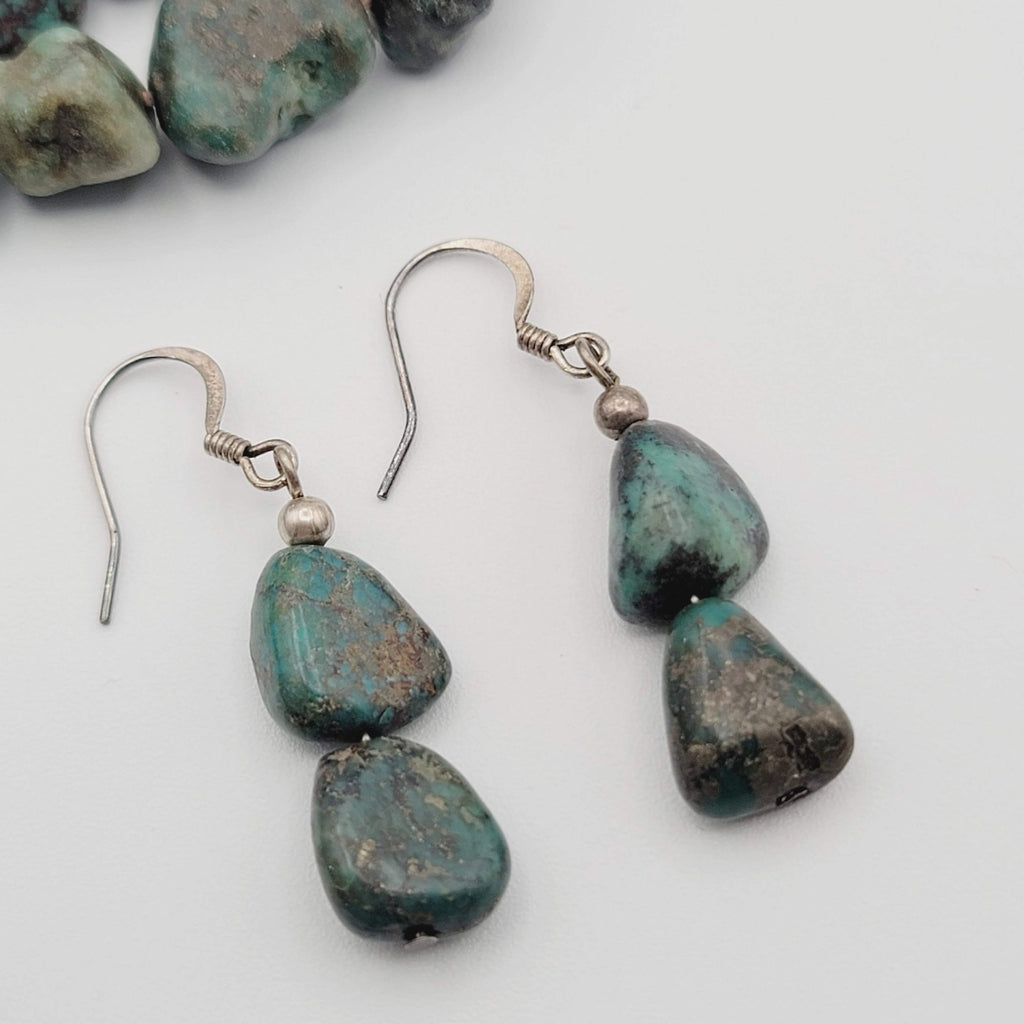 Native American Turquoise Nugget Necklace Coral Bead Matching Earrings 22 in
