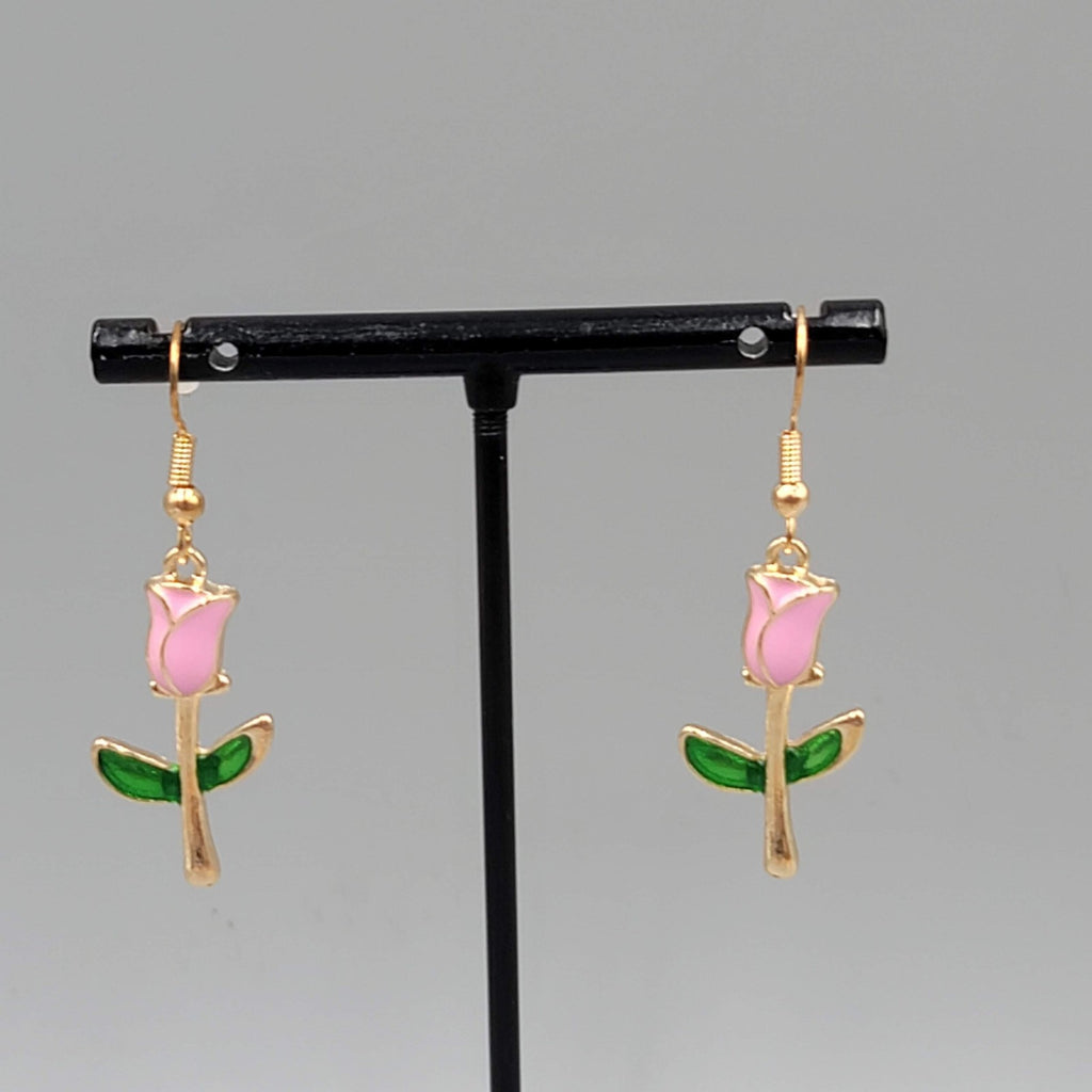 Pink Rose Bud Flower Dangle Pierced Earrings Gold Tone Enamel 1.25"