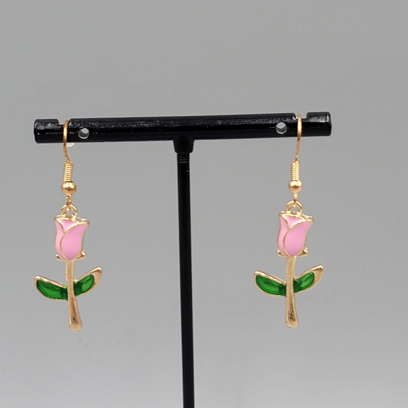 Pink Rose Bud Flower Dangle Pierced Earrings Gold Tone Enamel 1.25"