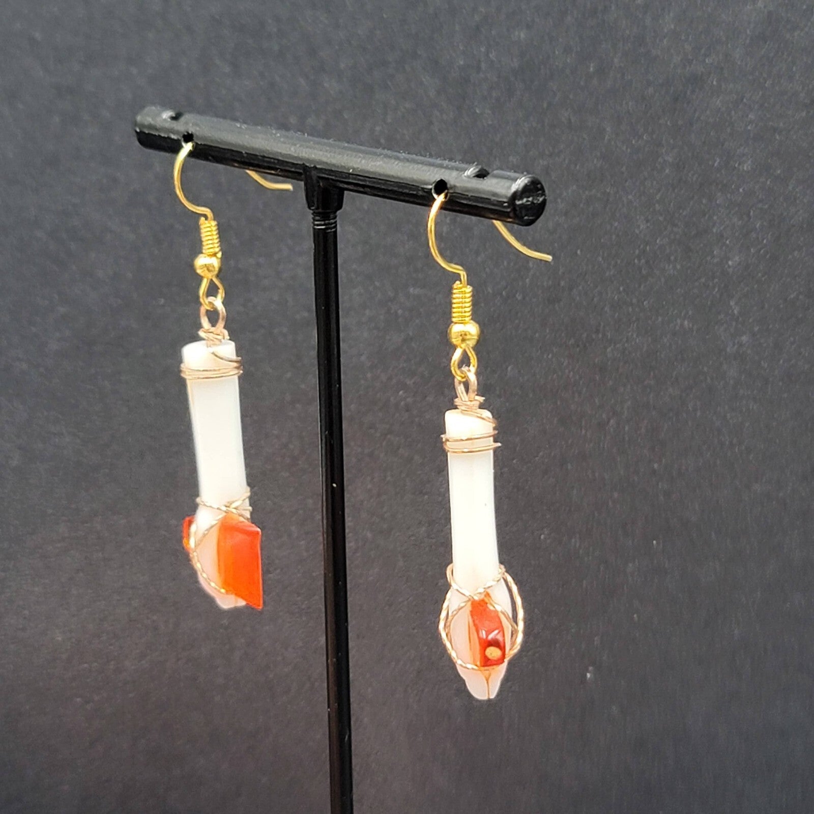 Vintage Pierced Earrings Plastic White Orange Hatchet Axe Dangle 1.25"