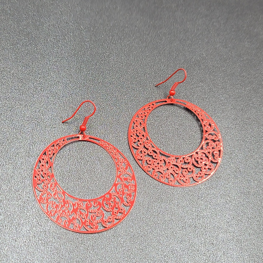 Pierced Earrings Red Enamel Filagree Statement Hoops 2"