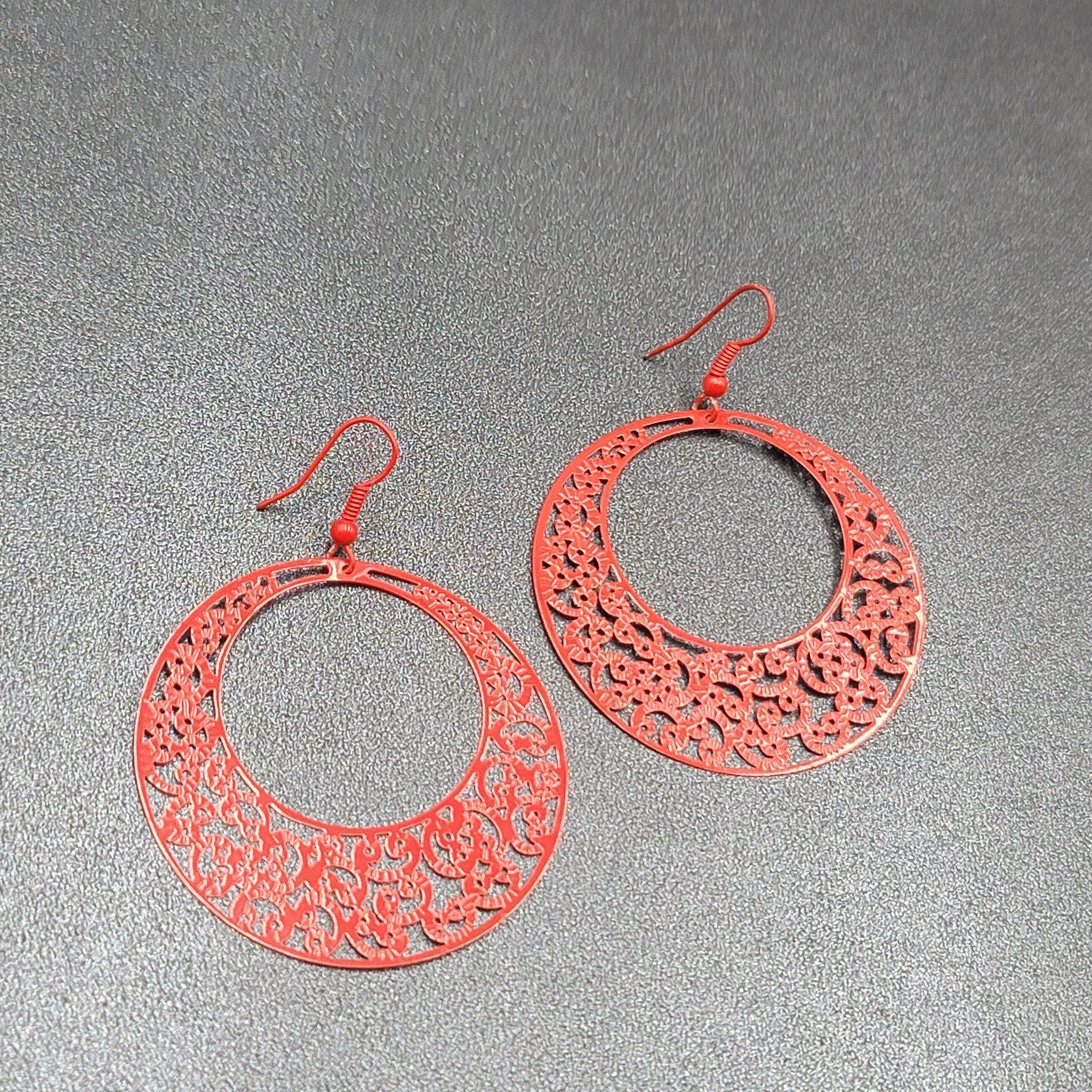 Pierced Earrings Red Enamel Filagree Statement Hoops 2"