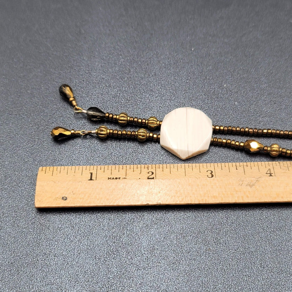 Signed Holly Necklace Gold tone Seed Bead White Stone Pendant Tassels 16"-18"