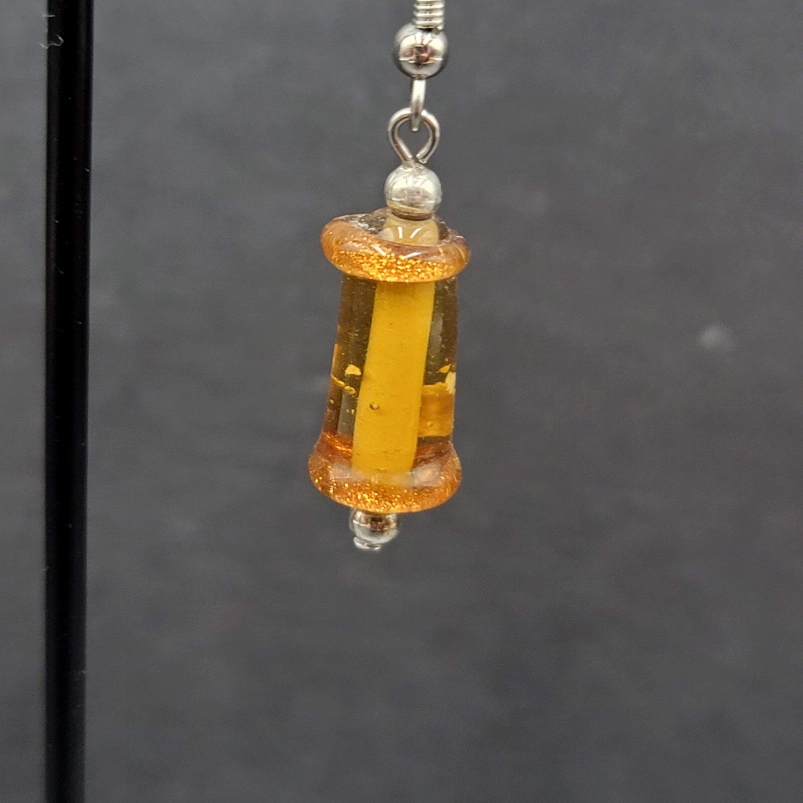 Pierced Earrings Silver tone Orange Art Glass Bead Dangle 1"