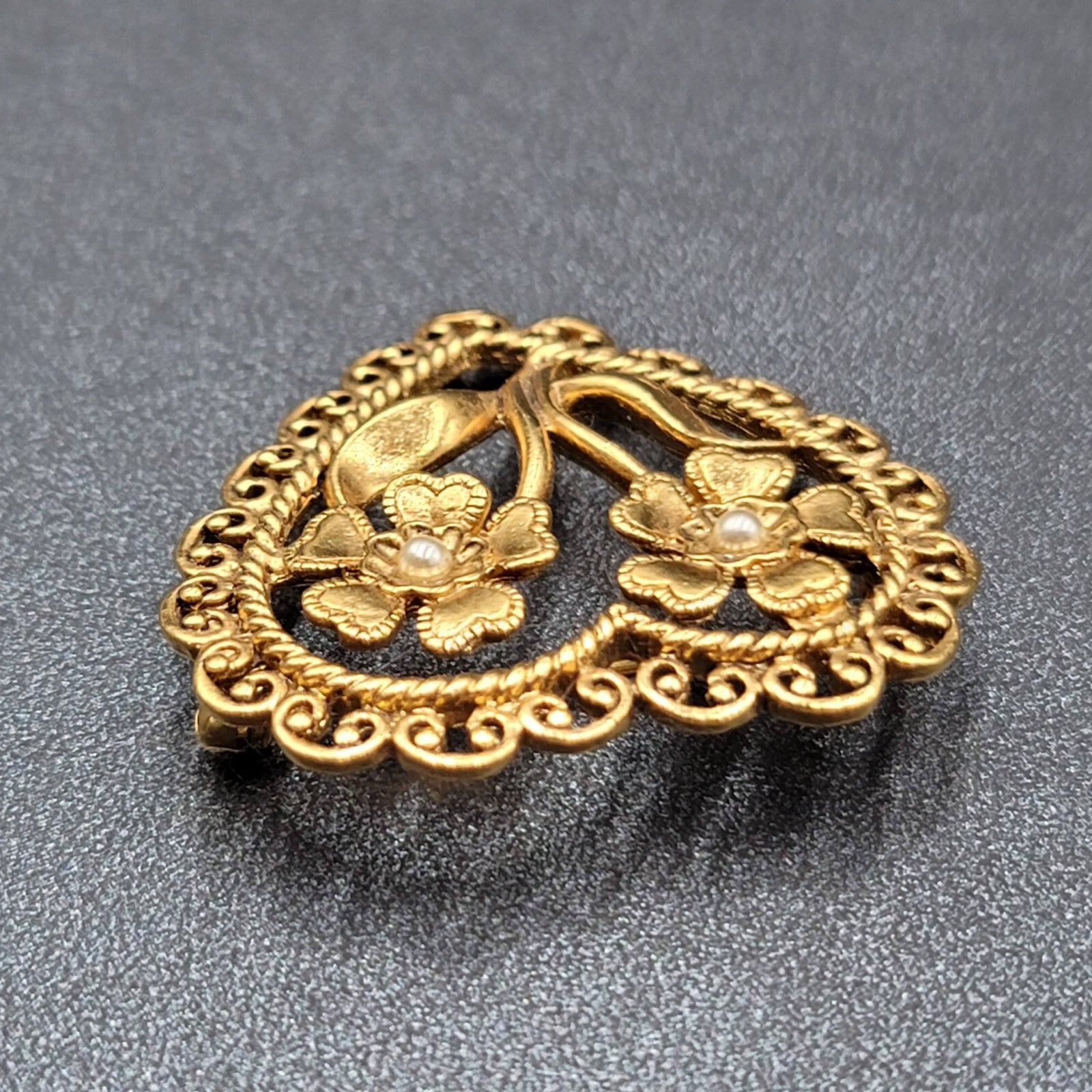 Vintage Brooch Heart Two Flowers Seed Imitation Pearls Open Work 1.5"