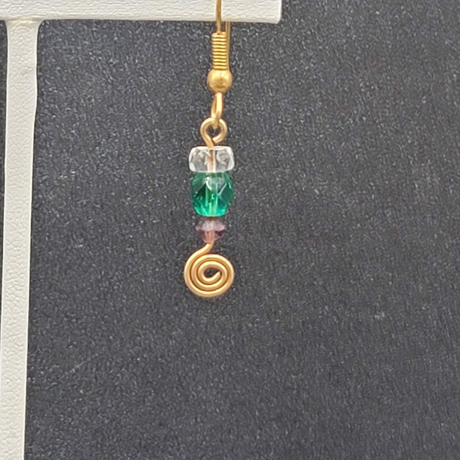 Pierced Earrings Gold tone Green Purple Clear Bead Dangle 1"