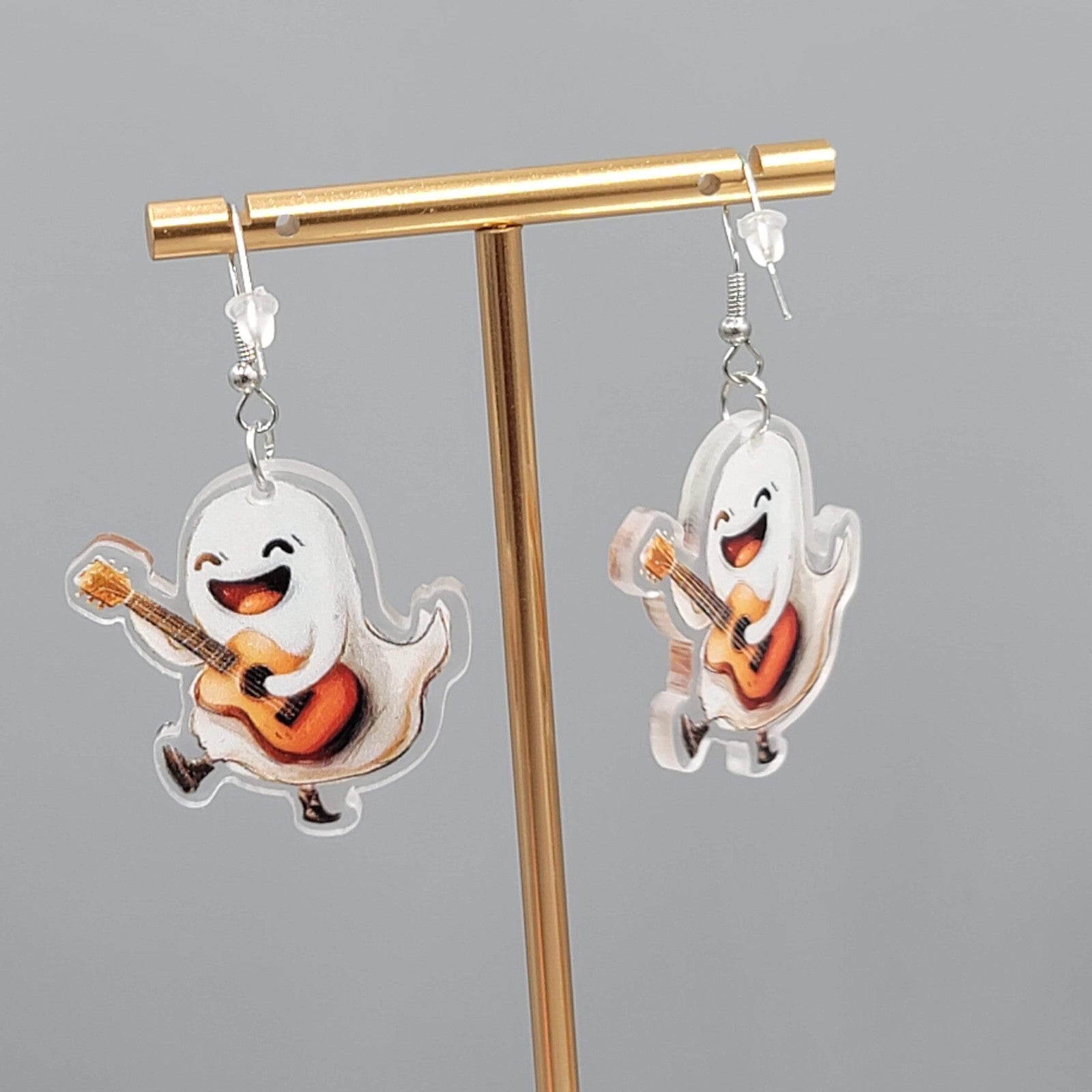 Halloween Ghost Acoustic Guitar Pierced Earrings Silver tone Dangle 1.5 in