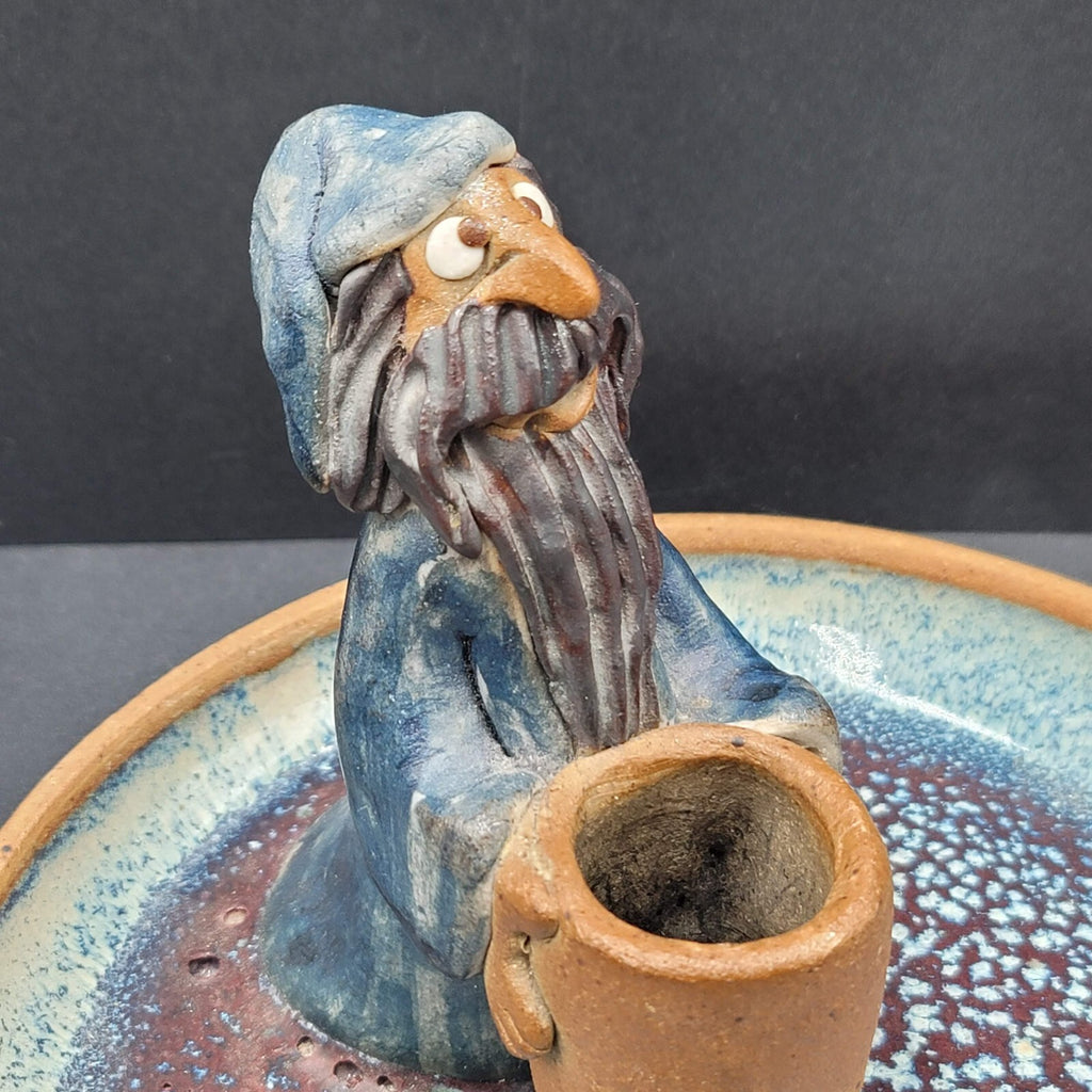 Vintage Folk Art Pottery Wizard Warlock Candle Holder Dish 7.5"