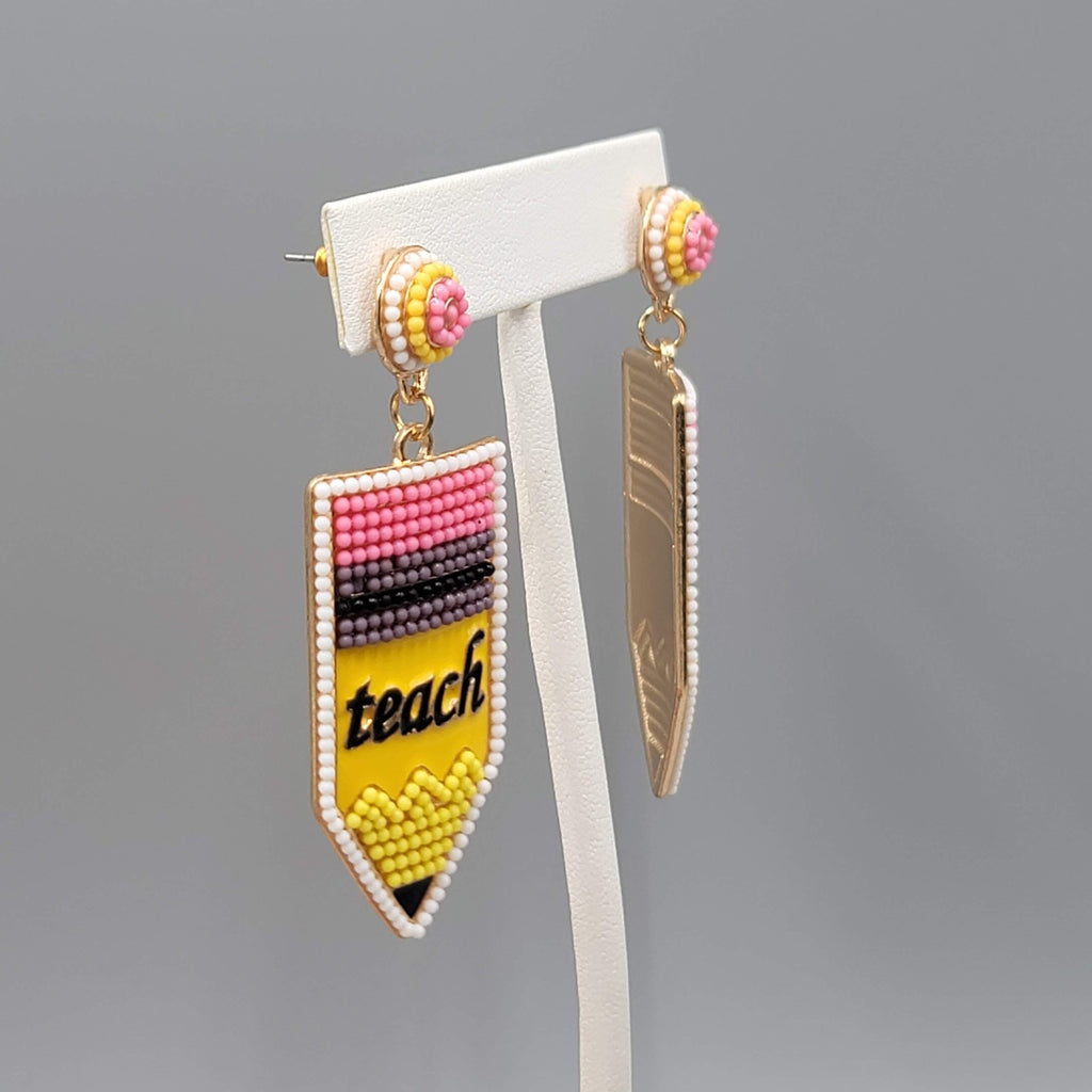 Teach Statement Pencils Pierced Earrings Gold tone Dangle Teacher 2.75"