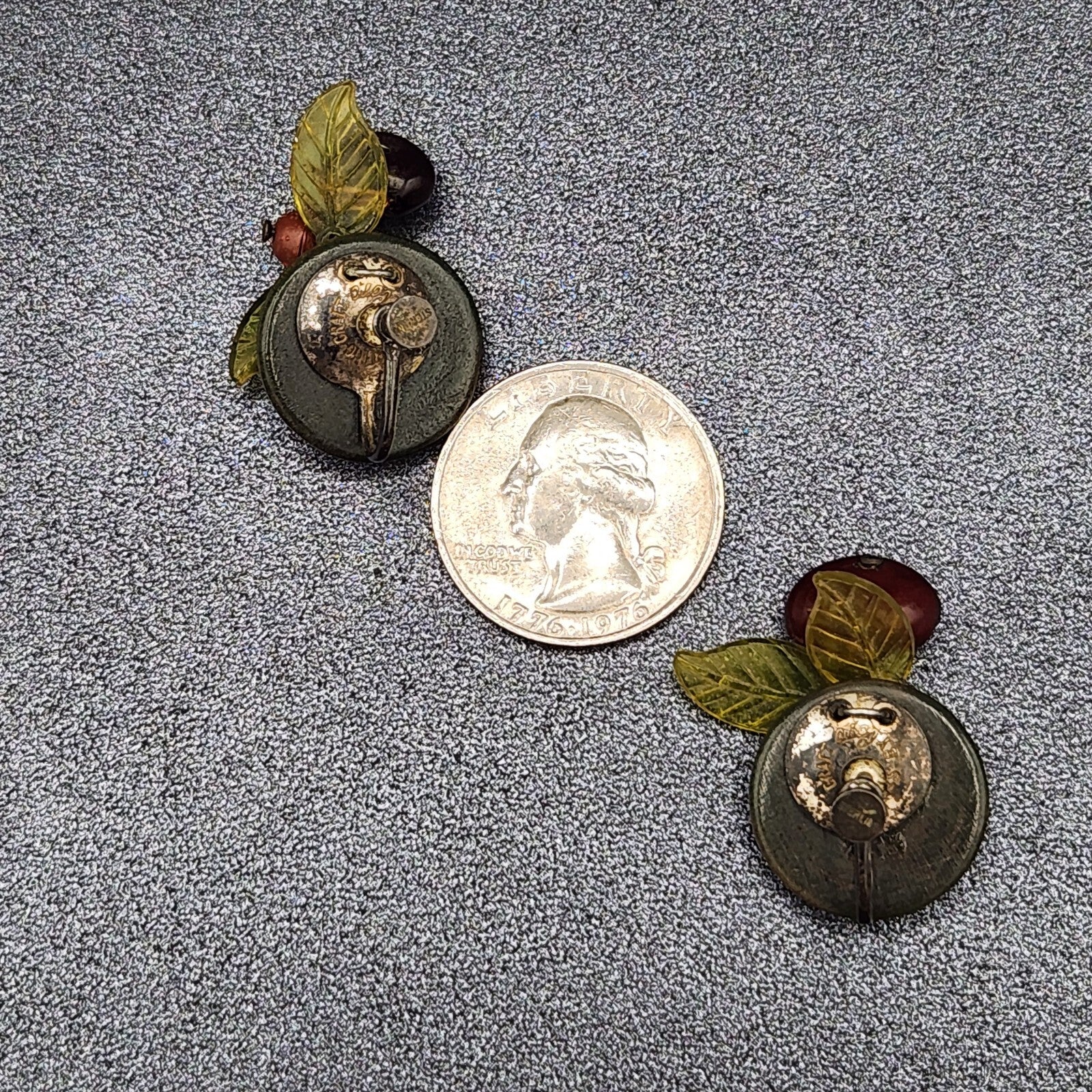 Vintage Clip on Earrings Green Seed and Acrylic Leaves Dangle Studs 3/4"