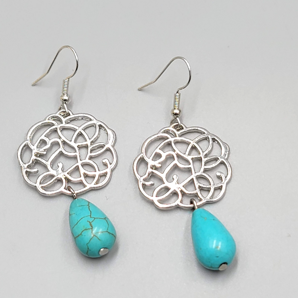 Silver tone Dangle Pierced Earrings Blue Howlite Teadrop 1 5/8"