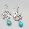 Silver tone Dangle Pierced Earrings Blue Howlite Teadrop 1 5/8"