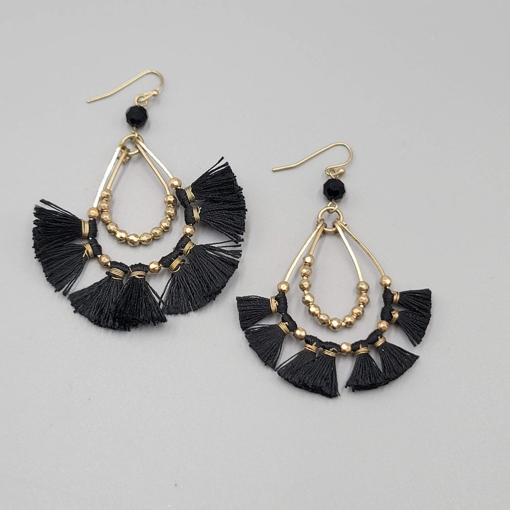 Pierced Earrings Gold tone Black Tassel Teardrop Dangle 2.5"