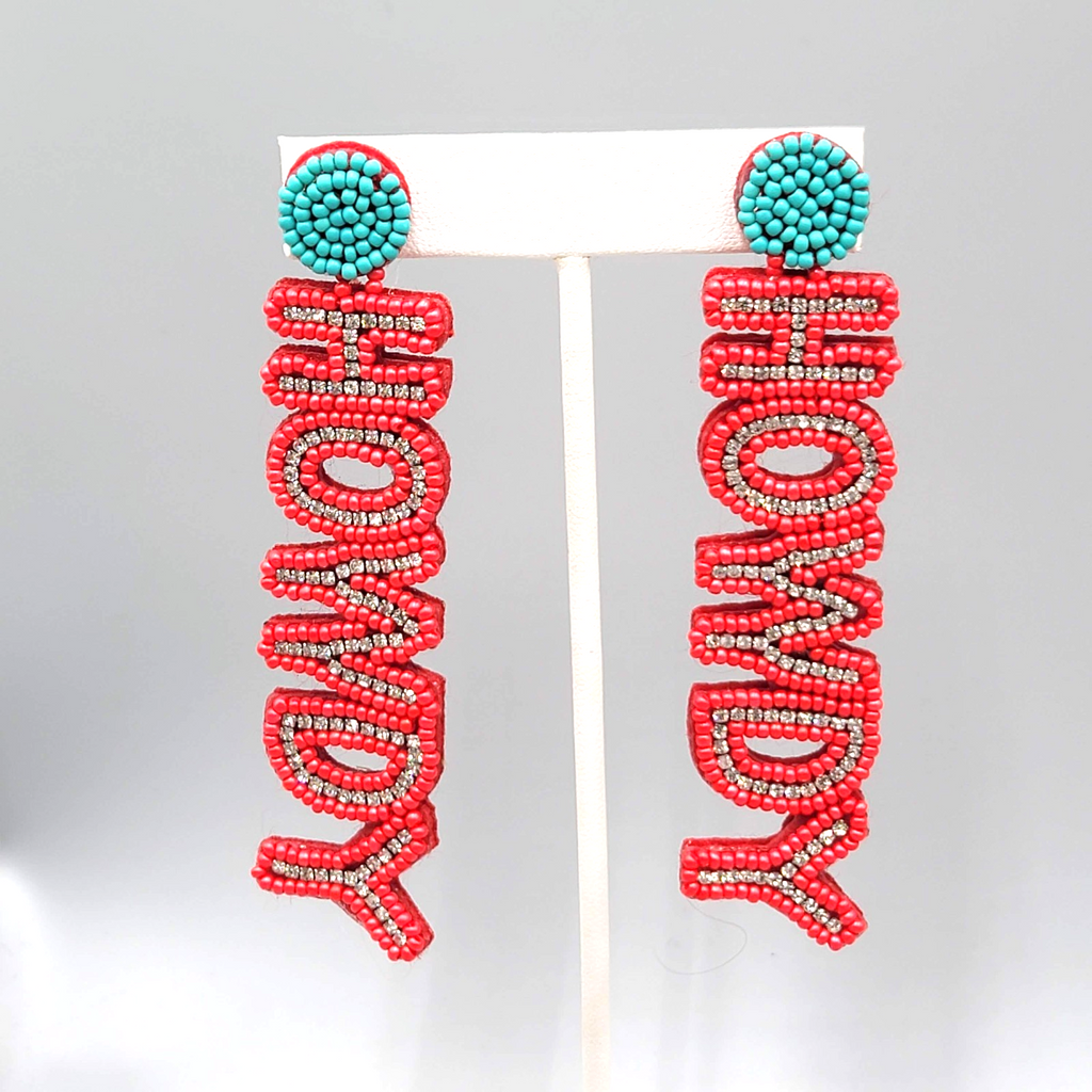 HOWDY Statement Pierced Earrings Red Seed Bead Crystal Long 3.75 in