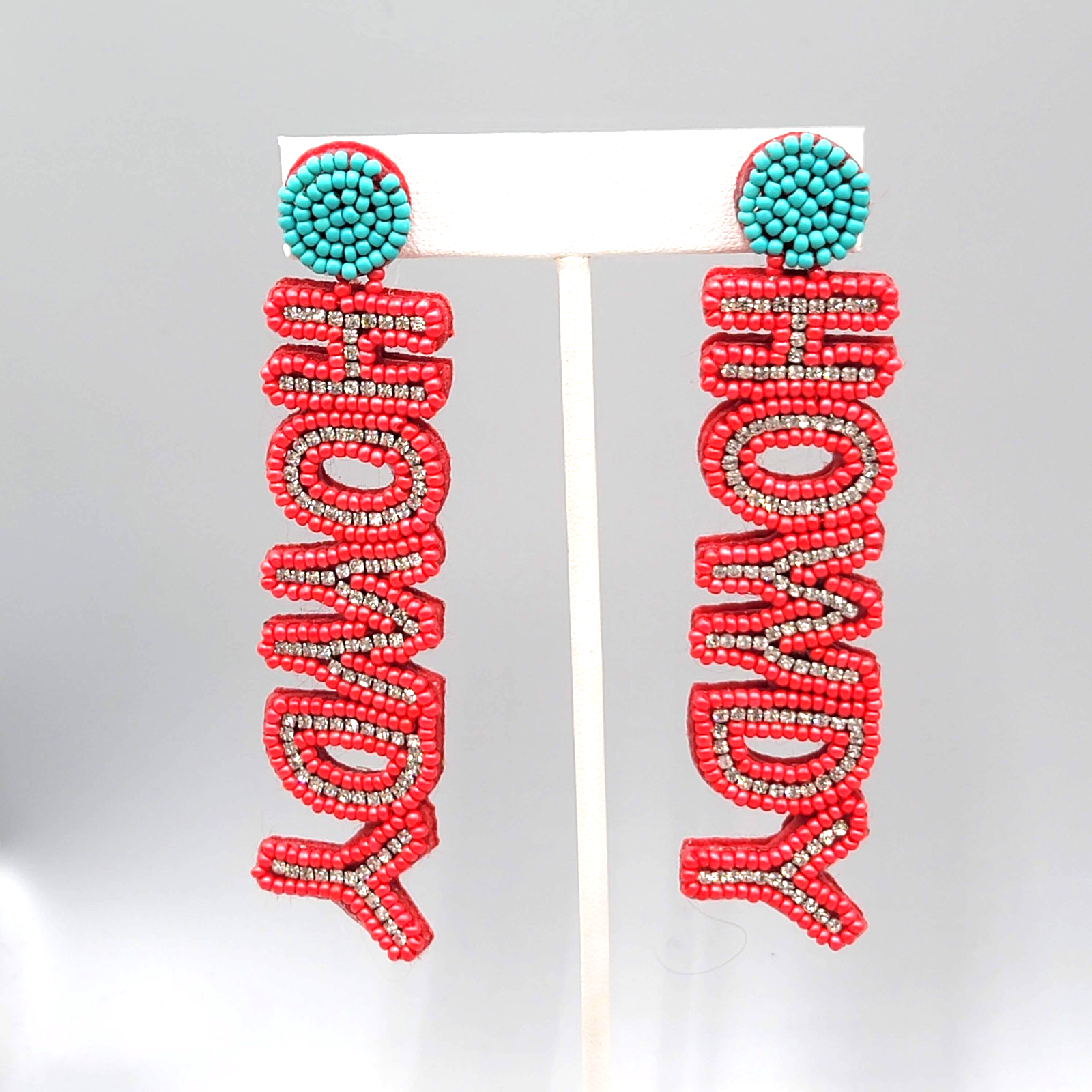 HOWDY Statement Pierced Earrings Red Seed Bead Crystal Long 3.75 in