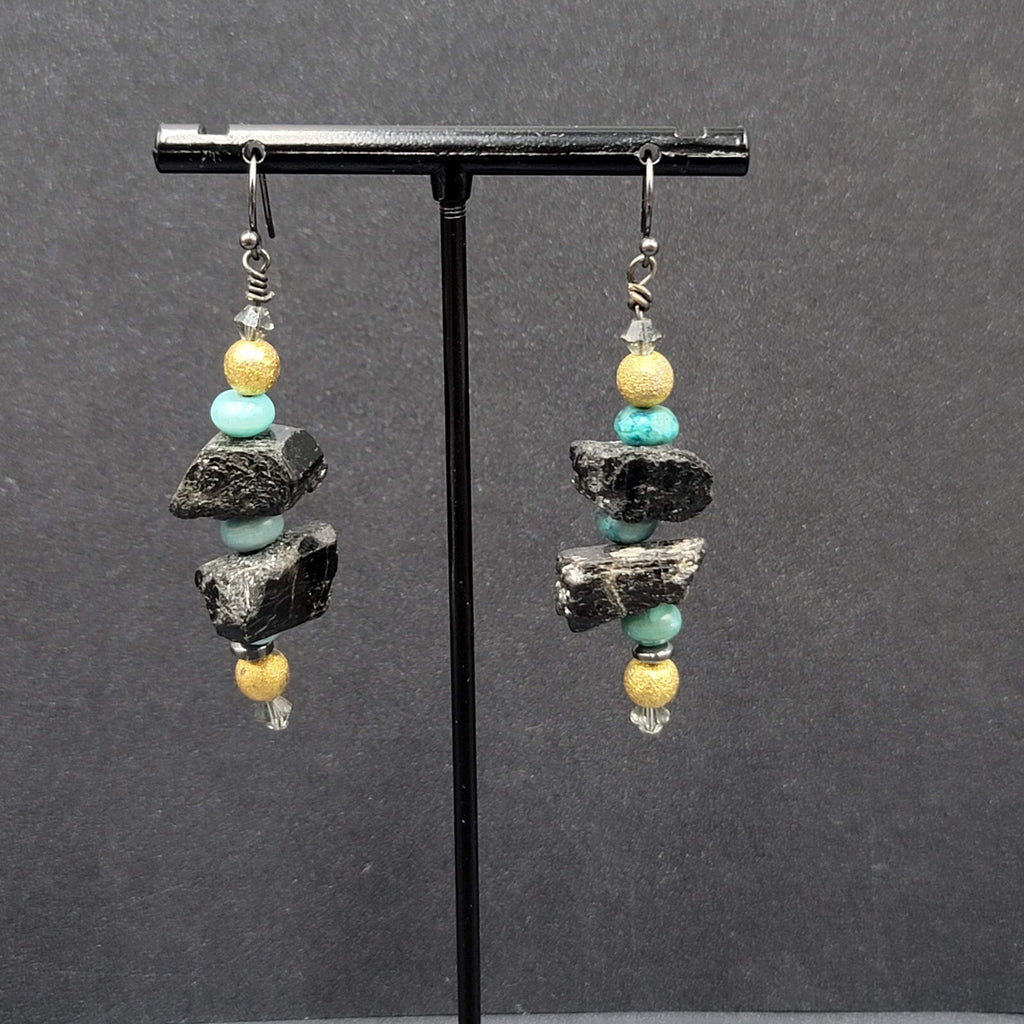 Pierced Earrings Black Raw Stone Blue Gold tone Beads Dangle 2"