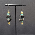 Pierced Earrings Black Raw Stone Blue Gold tone Beads Dangle 2"