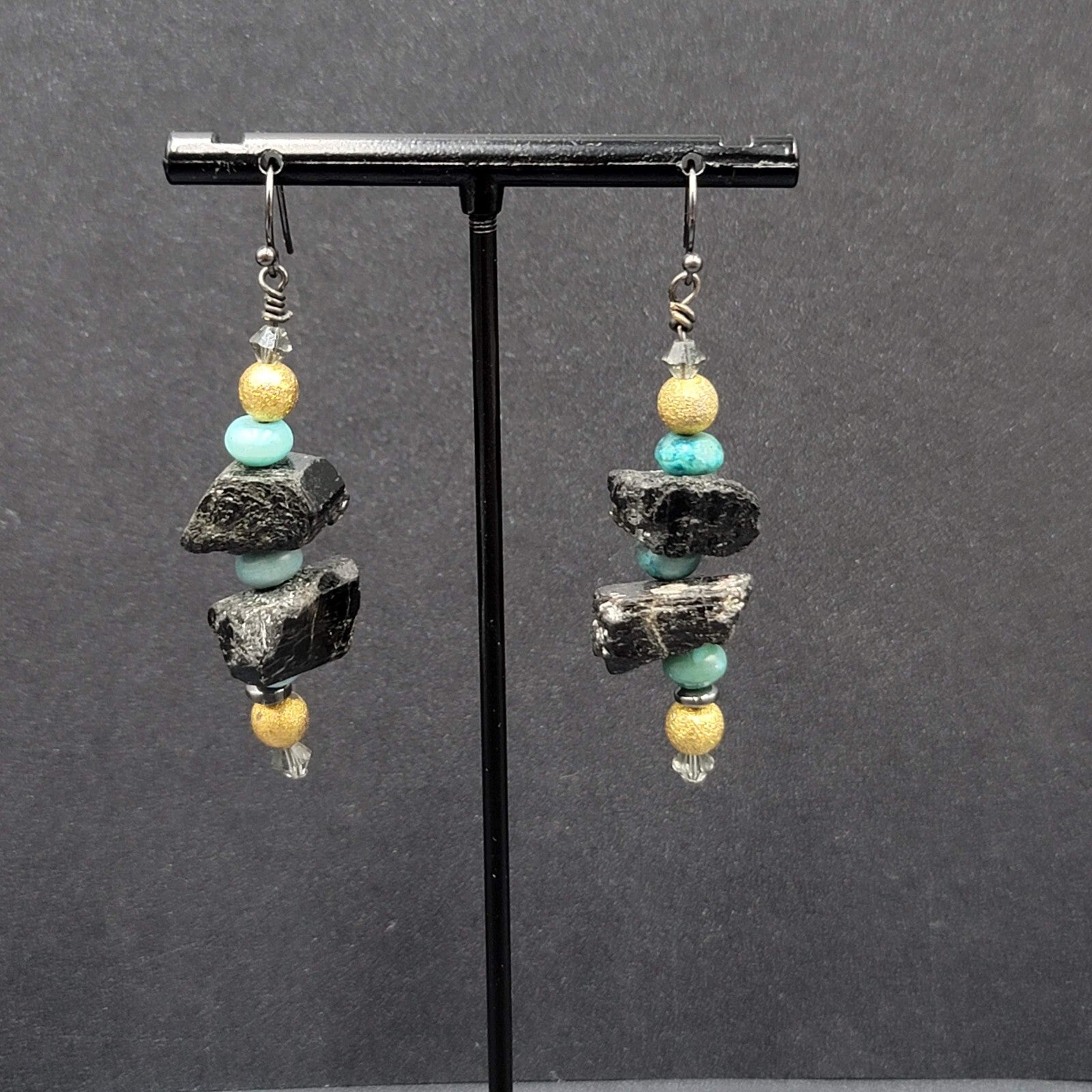 Pierced Earrings Black Raw Stone Blue Gold tone Beads Dangle 2"