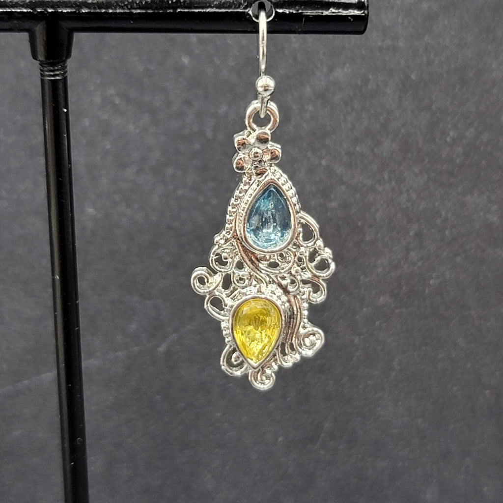 Pierced Earrings Silver tone Blue Yellow Teardrop Crystals  1 1/8"