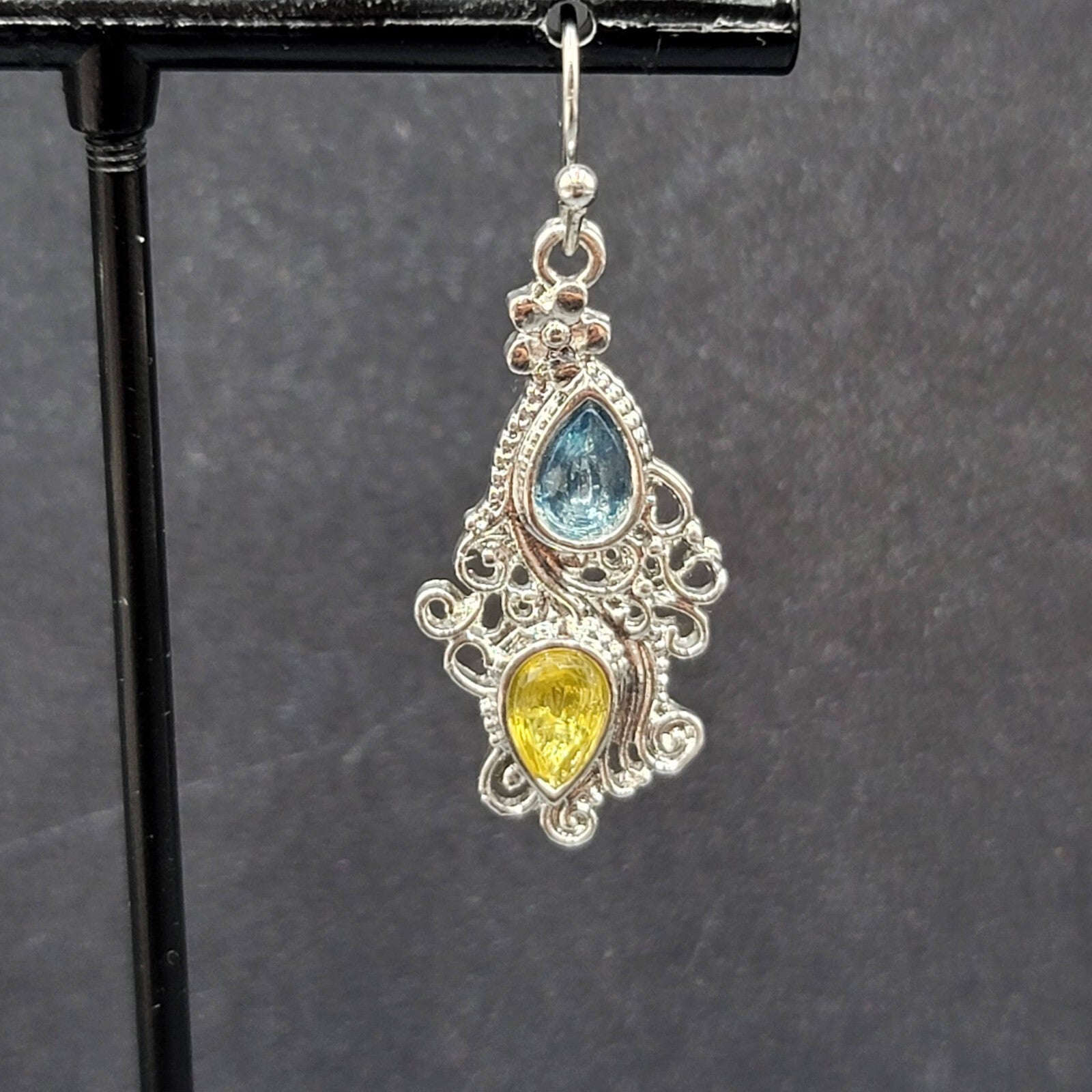 Pierced Earrings Silver tone Blue Yellow Teardrop Crystals  1 1/8"