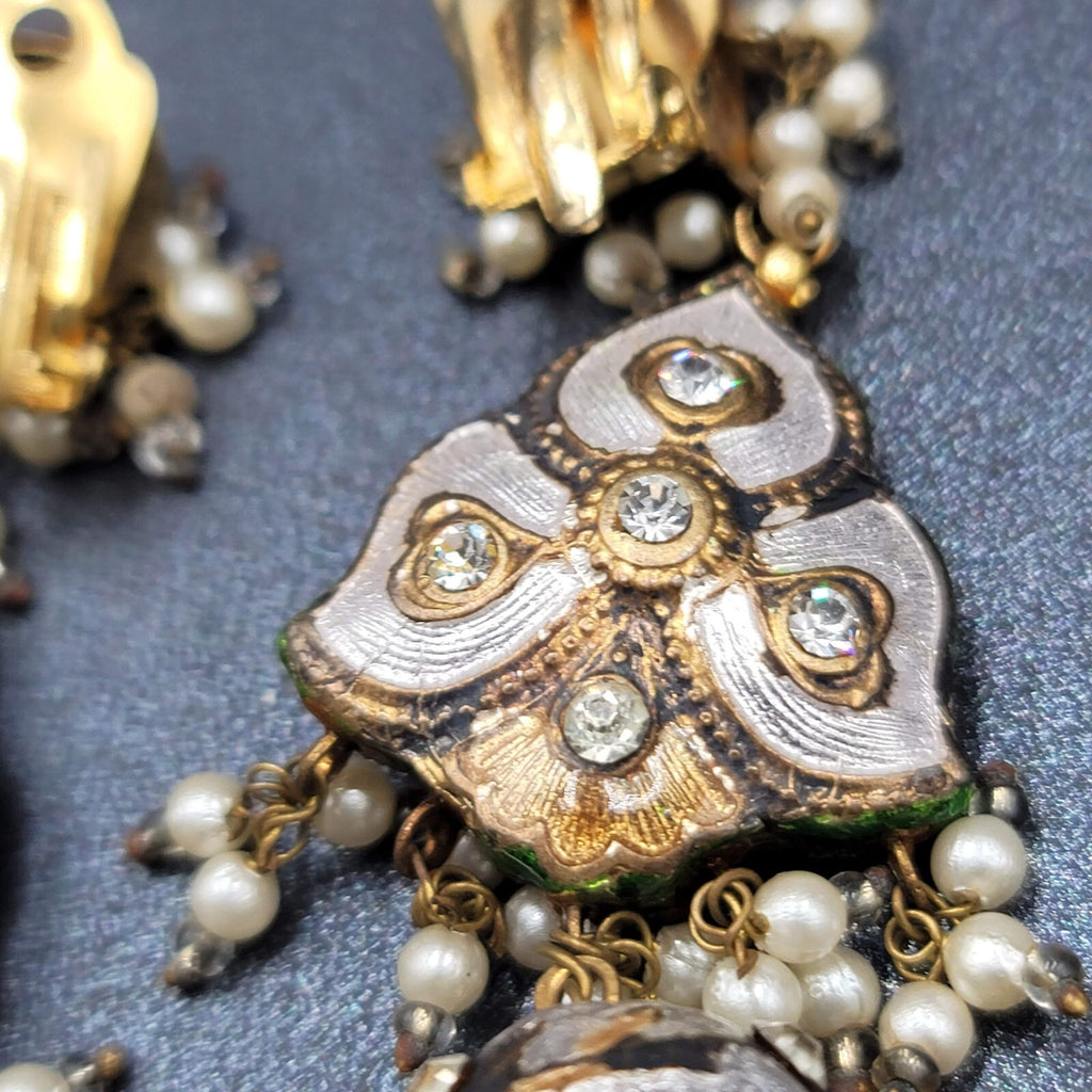 Clip on Earrings Large Enamel Guilloche Beaded Chandelier India Jewelry 2.75"