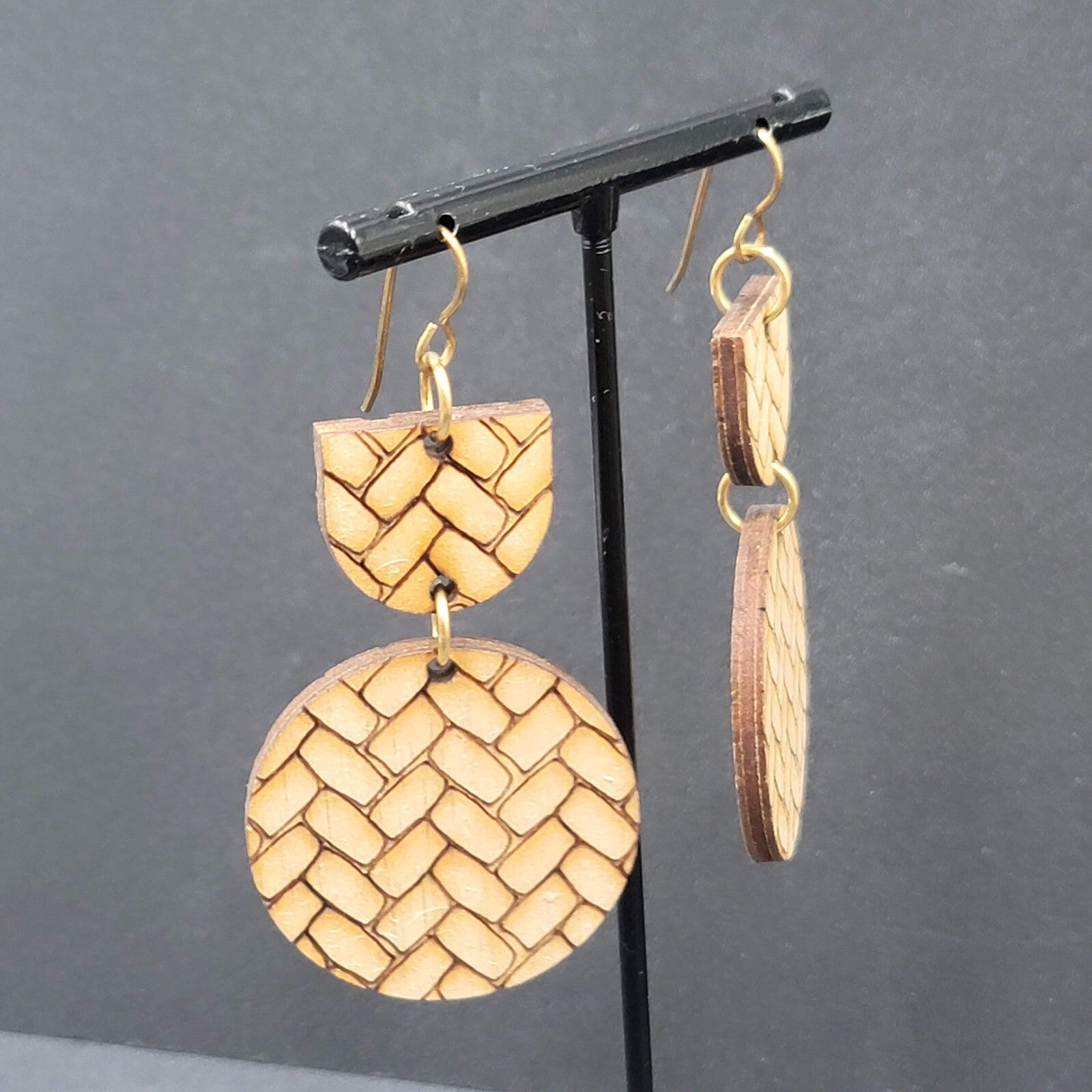 Pierced Earrings Laser Burned Geometric Wood Dangle Statement 2.25"