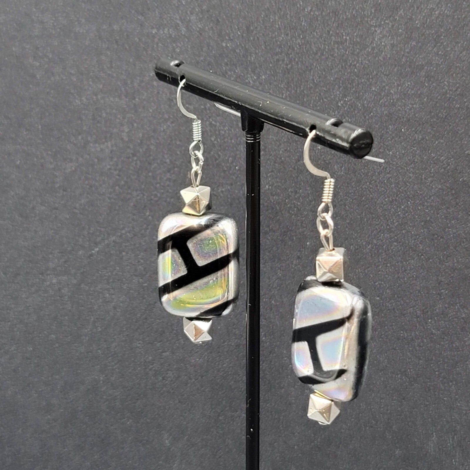 Pierced Earrings Unique Art Glass Beads Iridescent Rectangles 1 3/8"