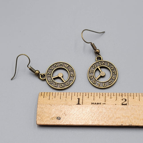 Clock Pierced Earrings Bronze tone Open Work Embossed Dangle New 7/8"