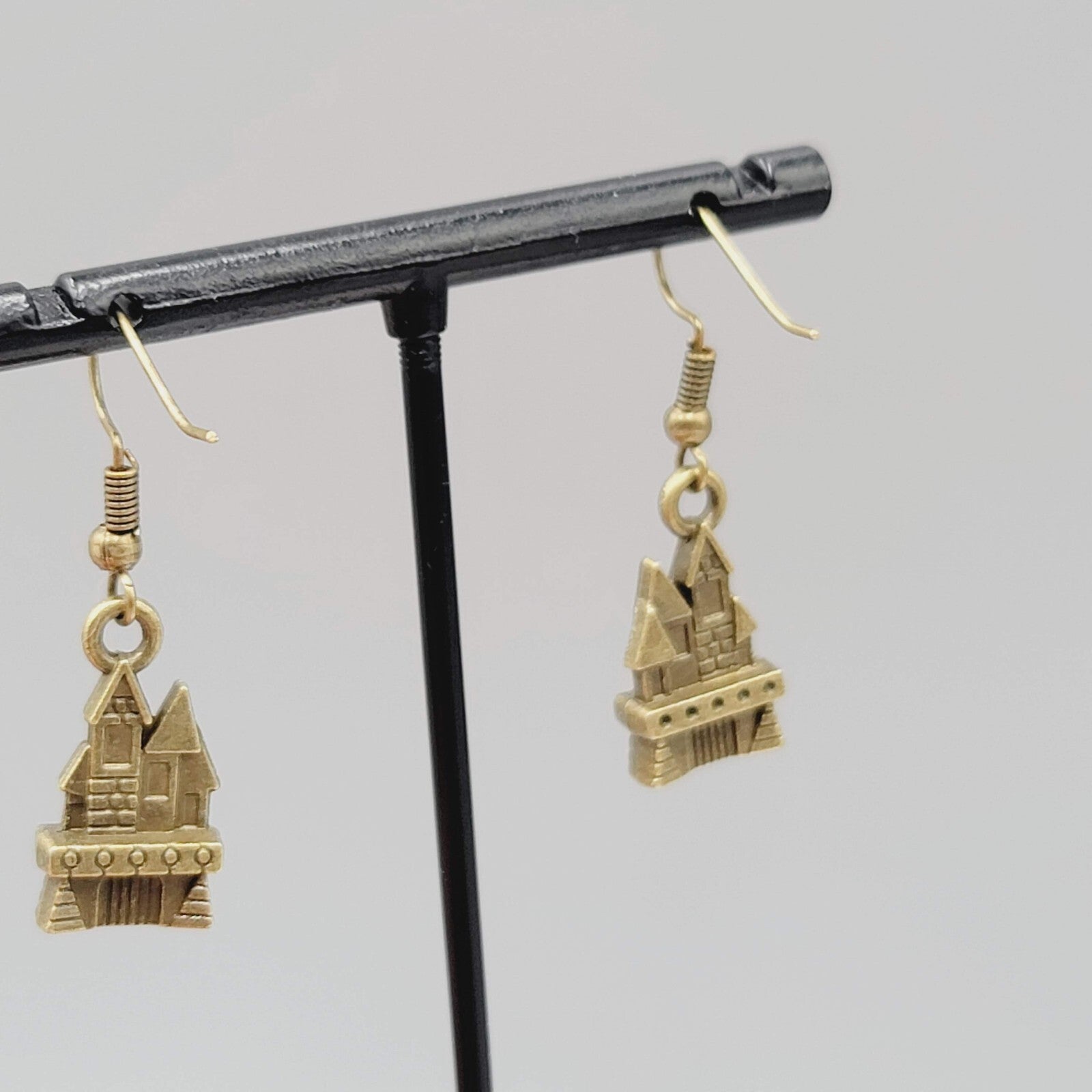 Castle House Pierced Earrings Bronze tone Embossed Dangle New 7/8"
