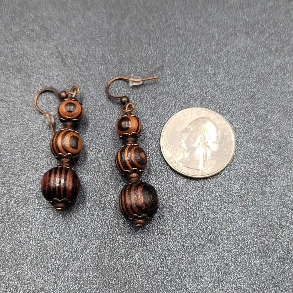 New Boho Pierced Earrings Copper tone Capped Wood Beads Dangle 1.5"