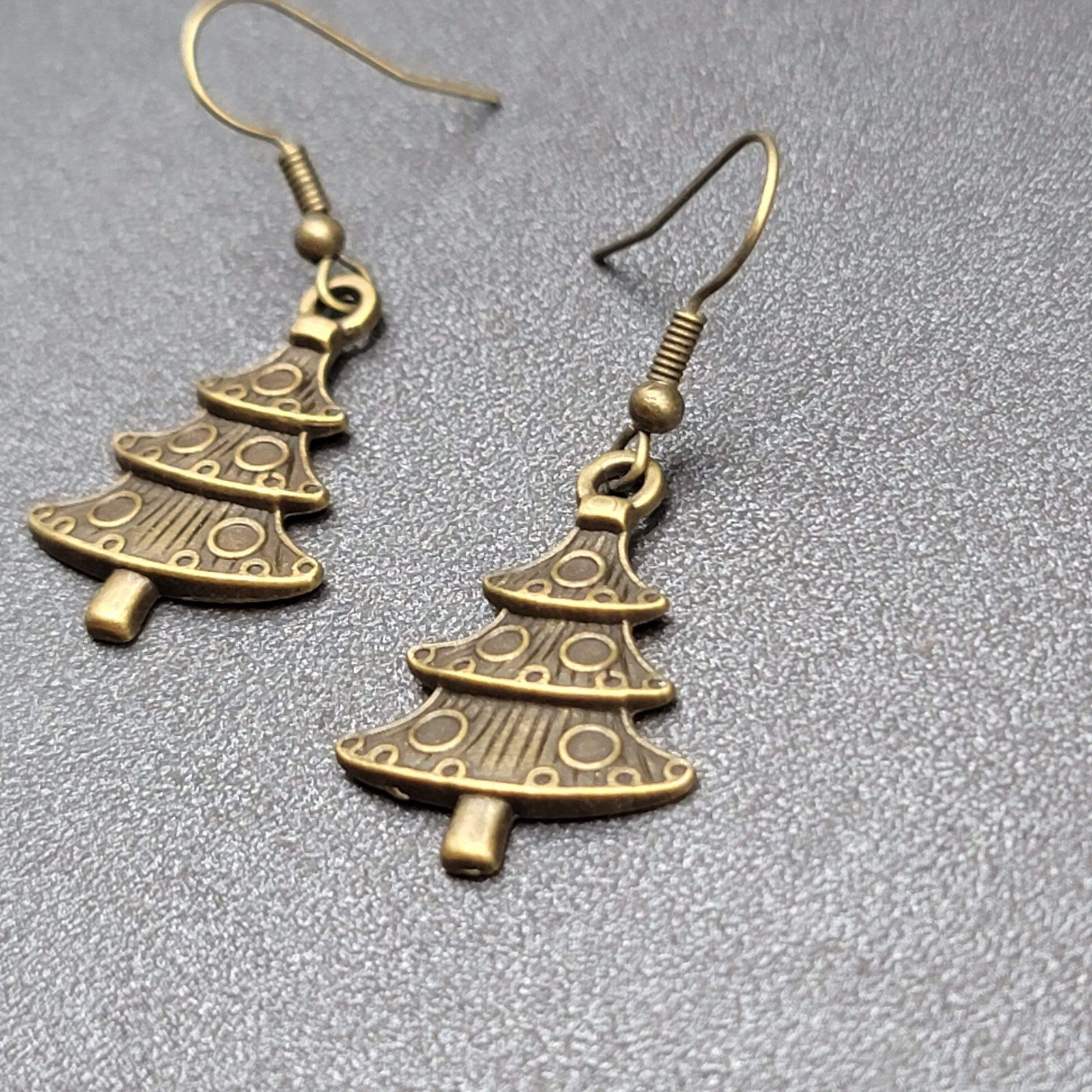 New Christmas Tree Pierced Earrings Embossed Bronze tone Dangle 1"