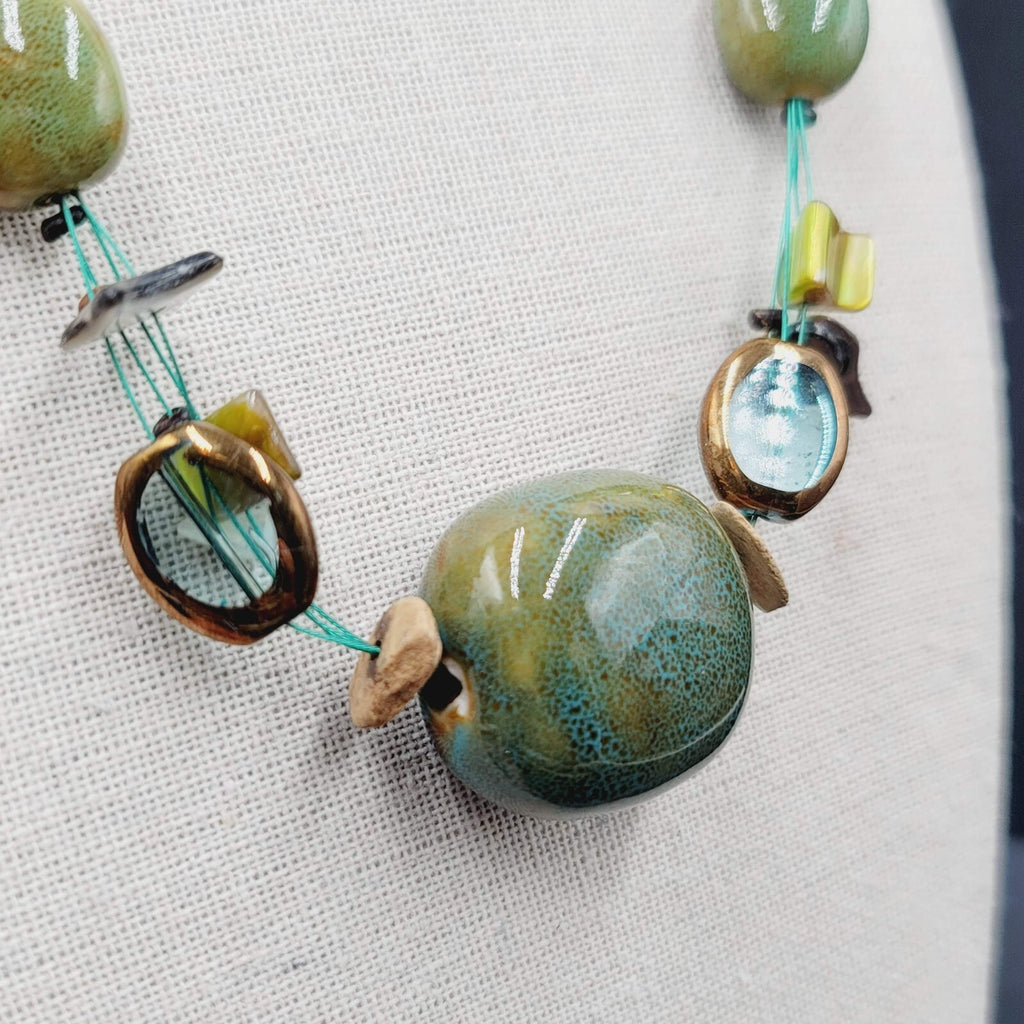 Premier Designs Necklace Green Pottery Beads Blue Thread 18"-21"