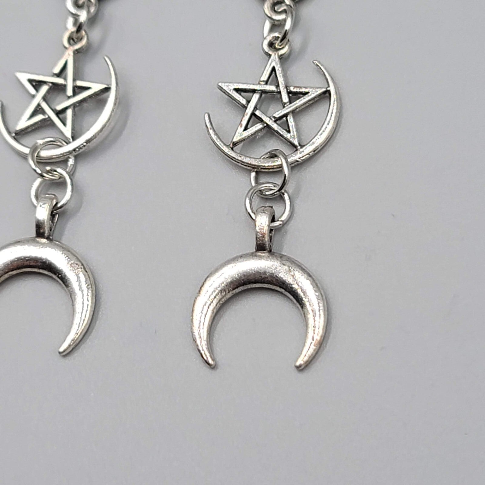 Pentagram Moon Pierced Earrings Black Accent Silver tone Long Dangle 2.5"