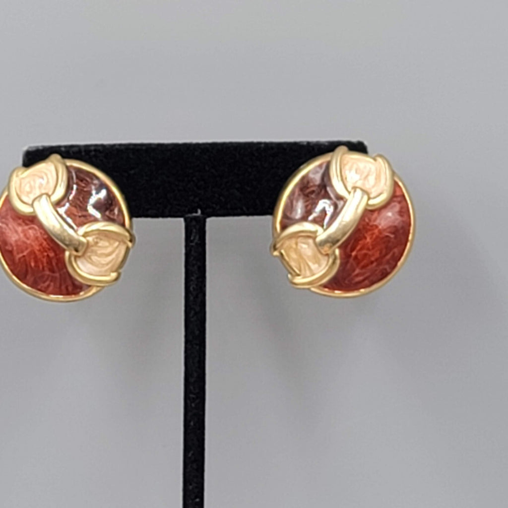 Vintage Pierced Earrings Red Brown Enamel Gold tone Dome 1"