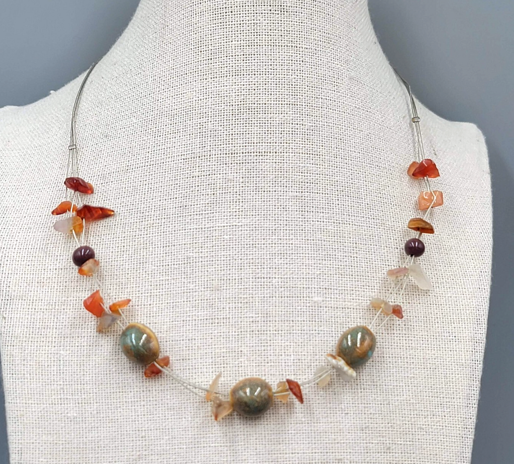 Necklace Pottery Bead Agate Chip Bead Floating 16"+