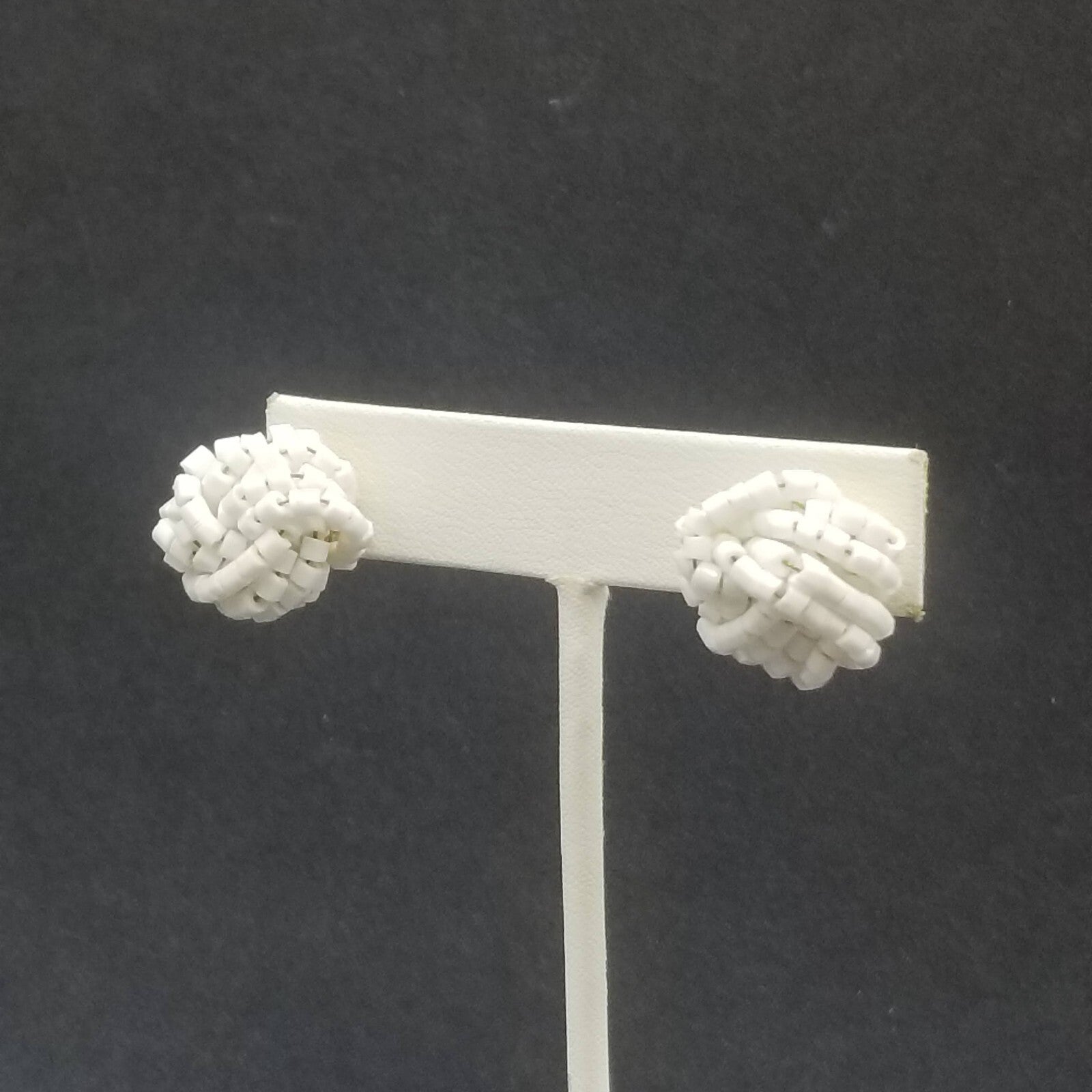 Vintage Pierced Earrings White Beaded Cluster Knot Stud 5/8"