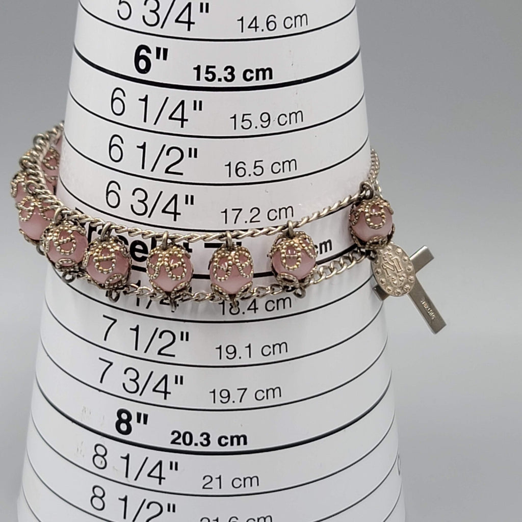 Vintage Sterling Rosary Pink Moonglow Capped Beads Bracelet 7"