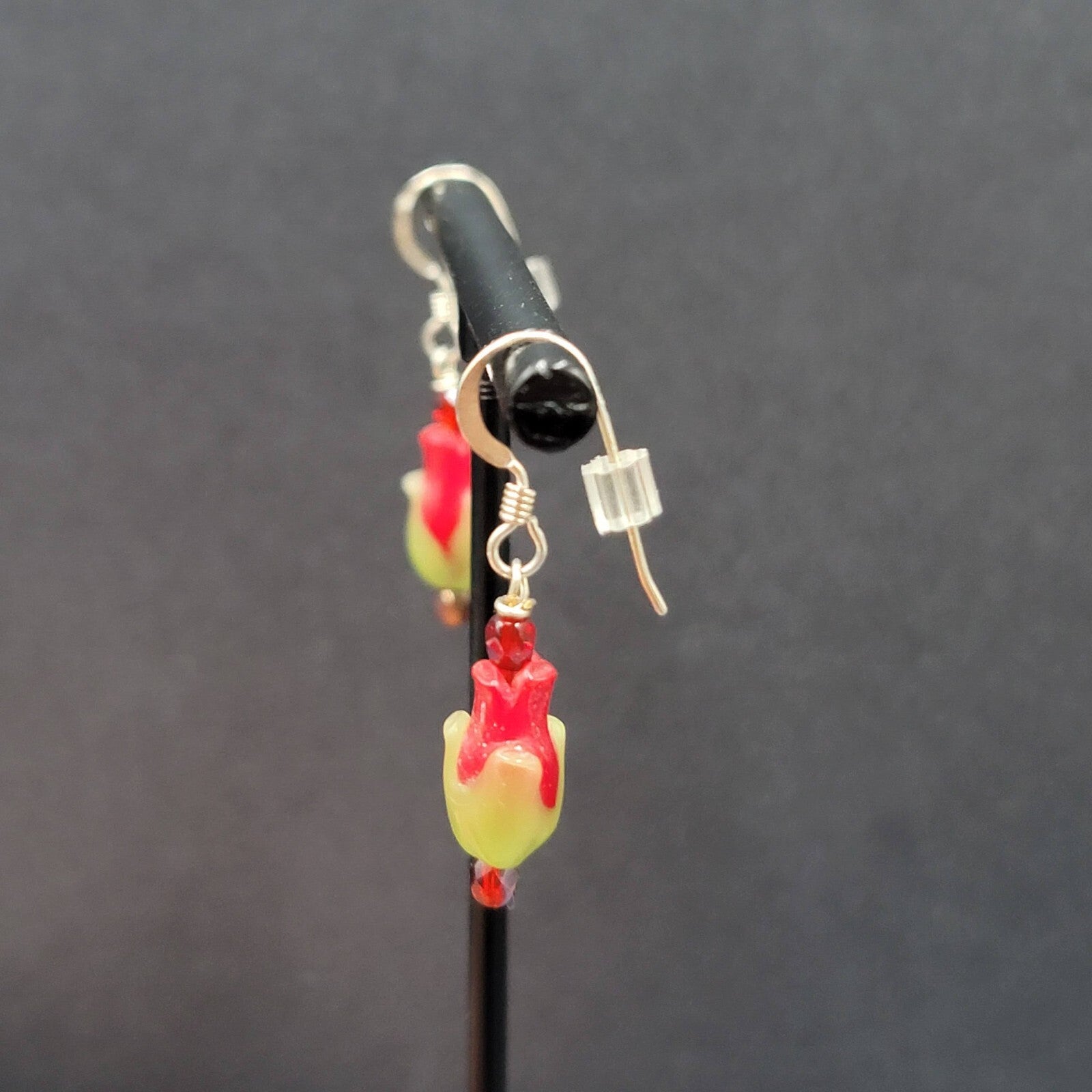 Sterling Silver Pierced Earrings Red Green Glass Tulip Flower Dangle 3/4" 925