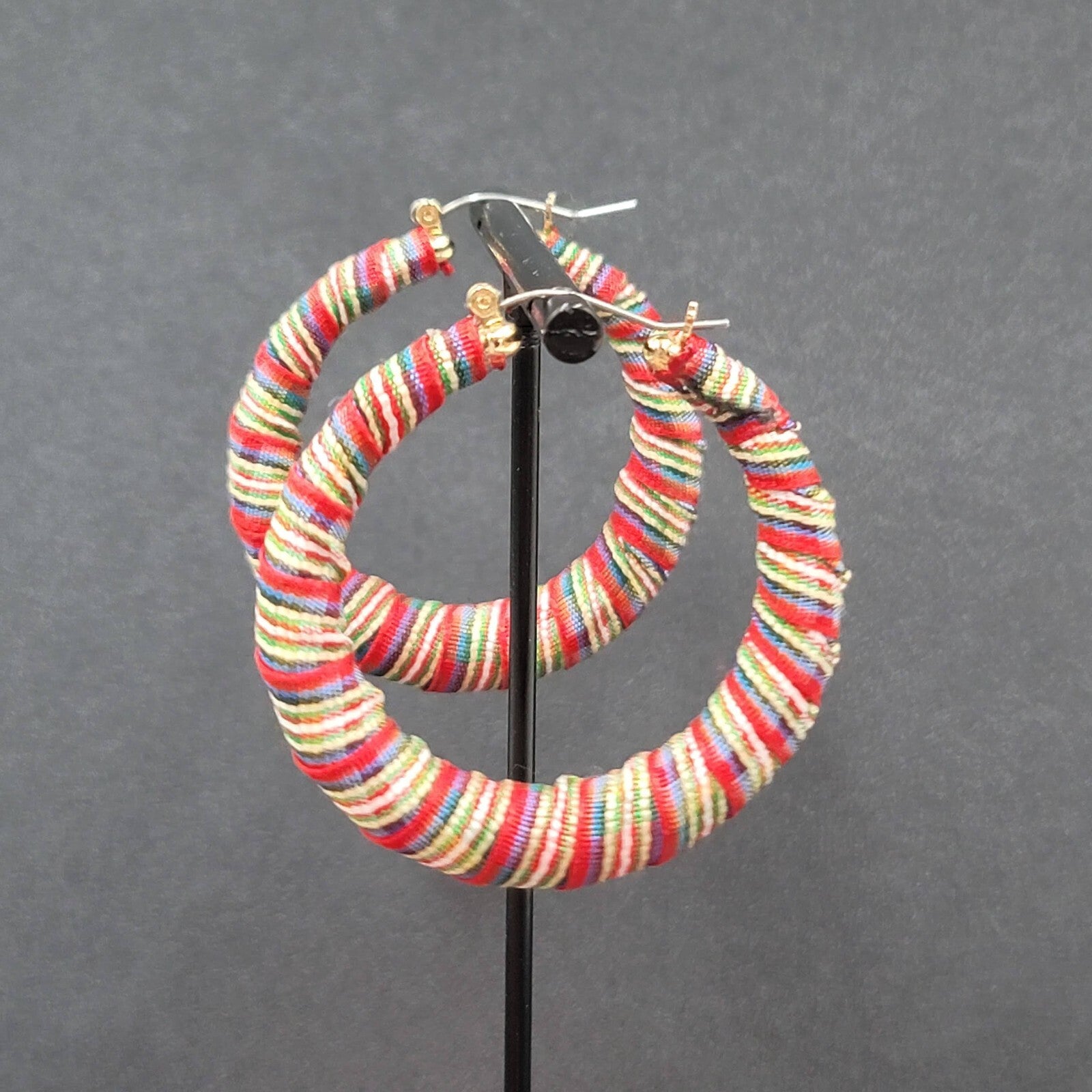 Pierced Earrings Plaid Fabric Wrapped Large Hoops  2"